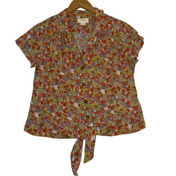 Mauve By Anthropologie Blouse Sz 6 Fruit Graphic Pattern Casual Front Tie Top - Picture 1 of 6